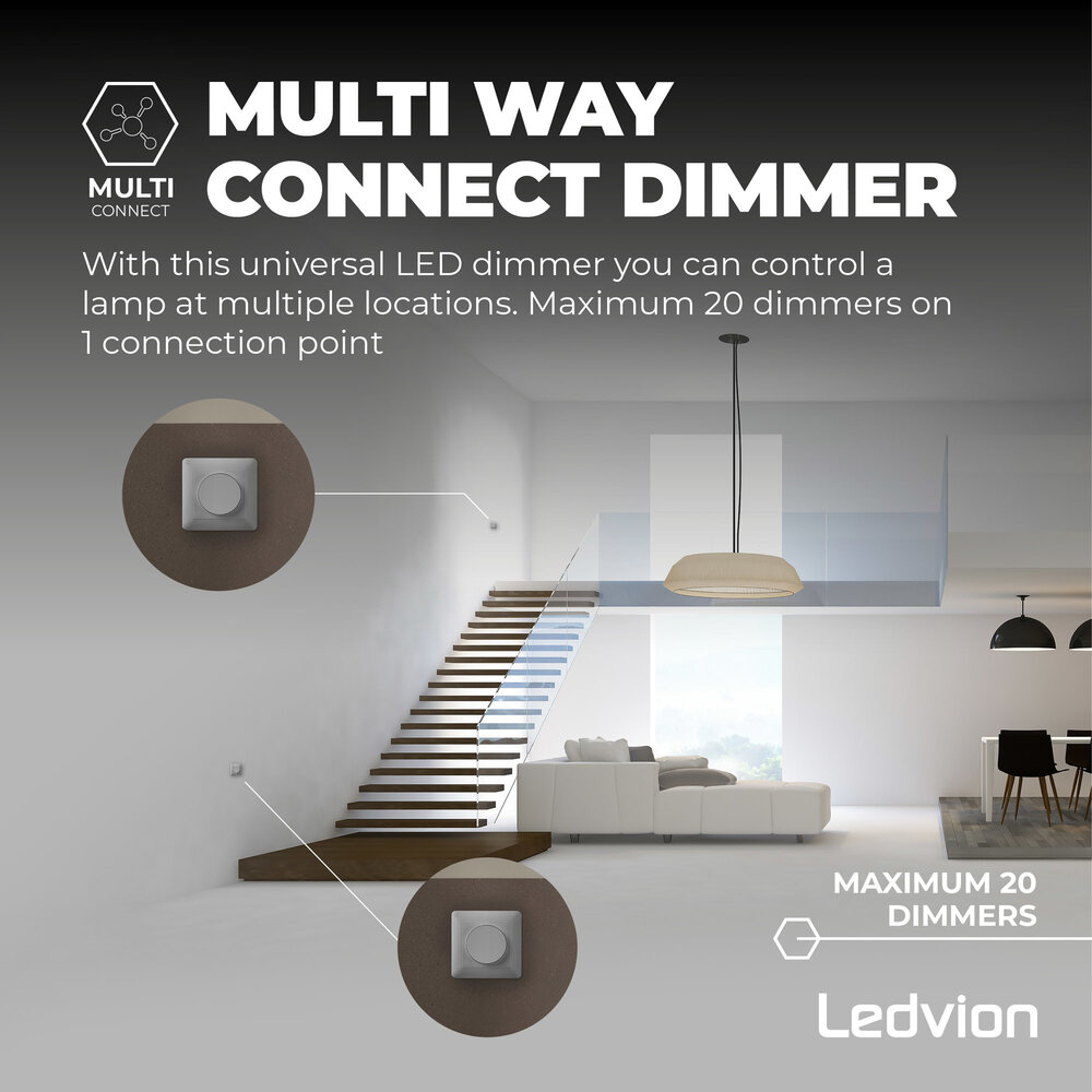 Ledvion LED Dimmer - Wisselschakeling >2 dimmers, 1 lichtpunt - 5-250W- Fase Afsnijding - Universeel