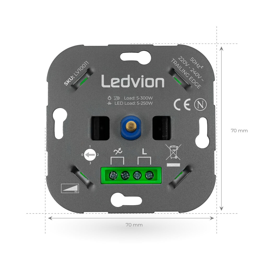 Ledvion LED Dimmer - Wisselschakeling >2 dimmers, 1 lichtpunt - 5-250W- Fase Afsnijding - Universeel