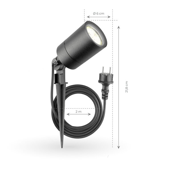 Ledvion IP65 - LED Prikspot - GU10 Fitting - 2 Meter Kabel met Stekker - Antraciet