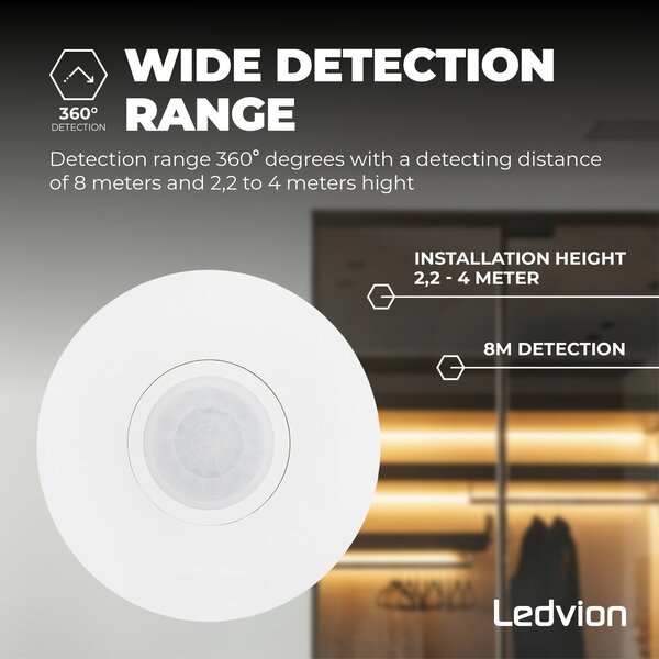 Ledvion Witte Opbouw Bewegingssensor 360° Met Schemerschakelaar 8M Bereik