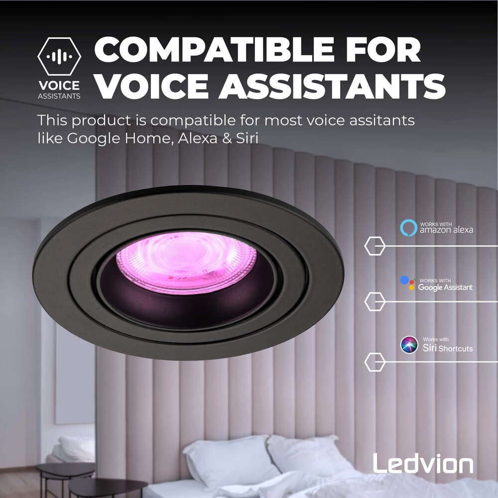 Ledvion Smart LED inbouwspot Zwart - Tokyo - Smart WiFi - Dimbaar - RGB+CCT