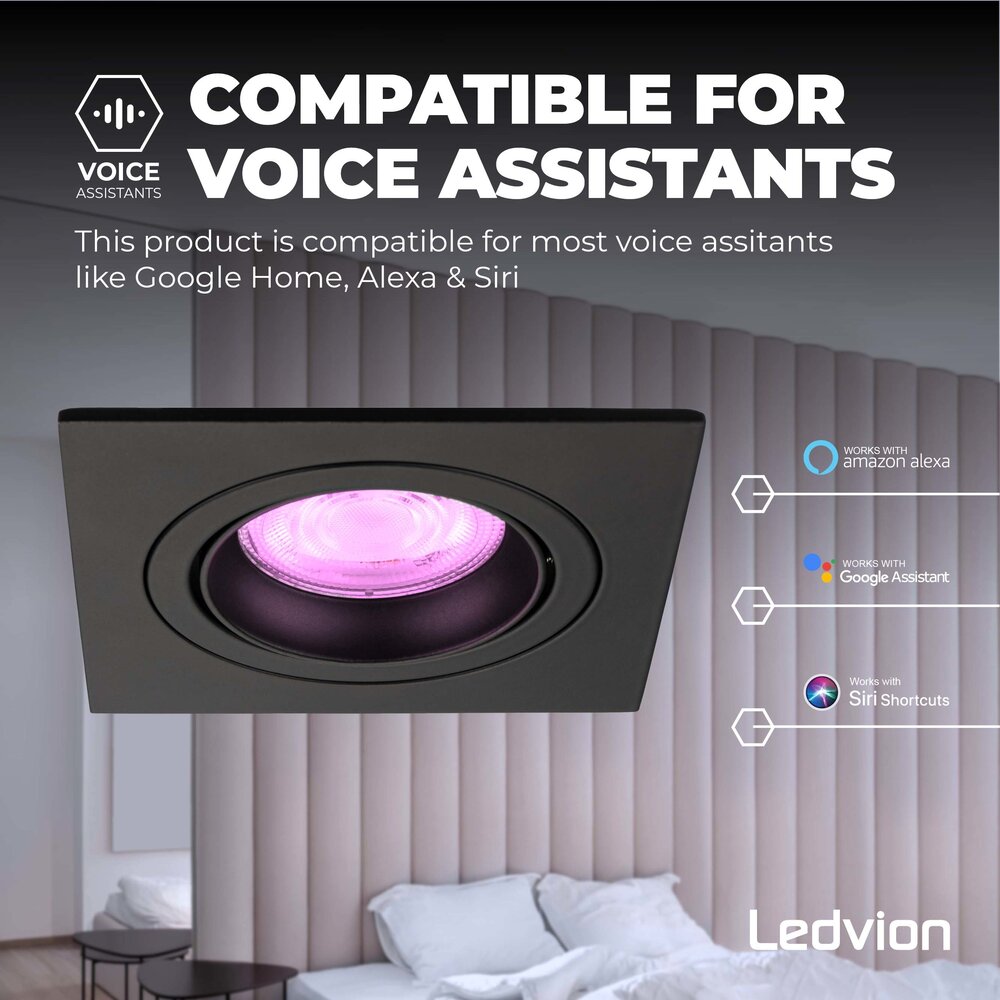 Ledvion Smart LED inbouwspot Zwart - Sevilla - Smart WiFi - Dimbaar - RGB+CCT - 6 pack