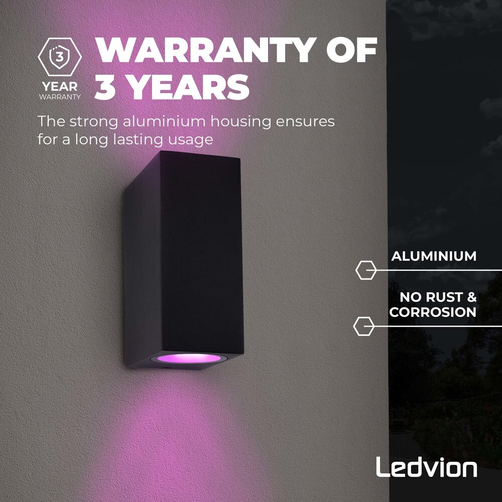 Ledvion Smart Wandlamp Buiten - Cube - Zwart - 4,9W - RGB+CCT