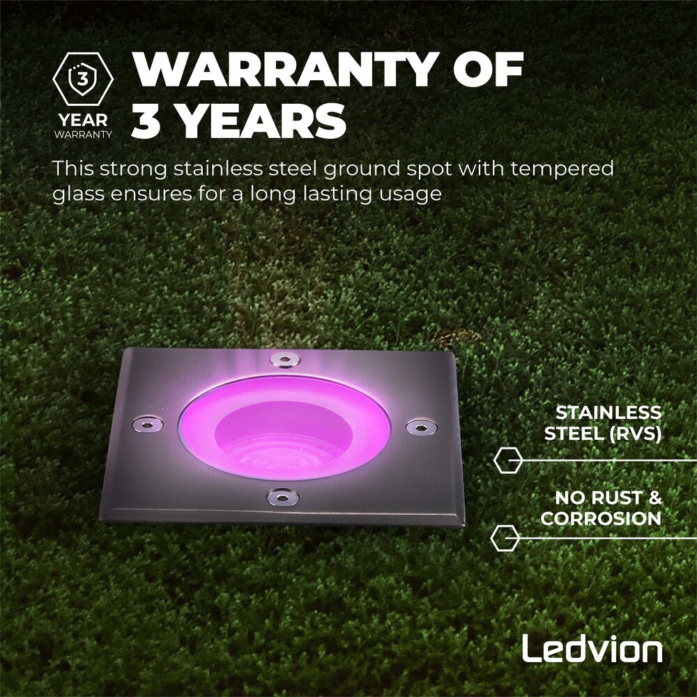 Ledvion Smart LED Grondspot Vierkant - IP67 - 4,9W - RGB+CCT - 1 Meter Kabel