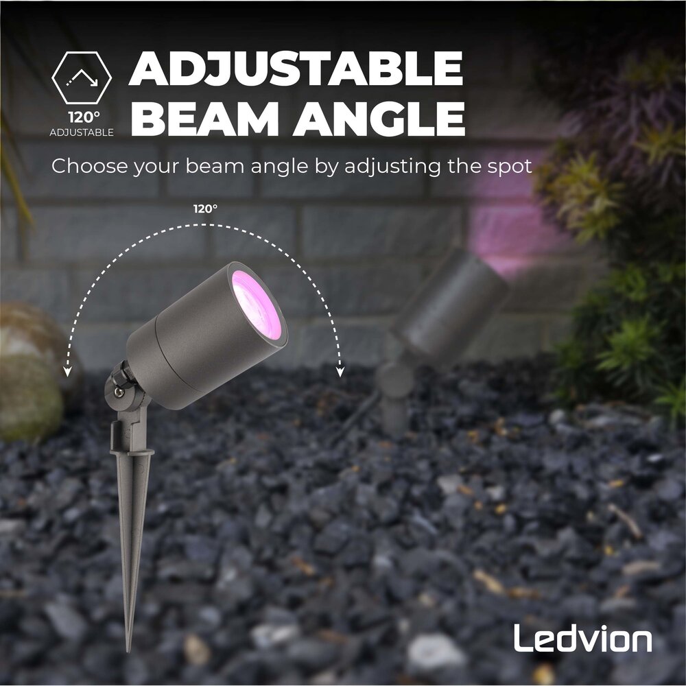 Ledvion 6x Smart LED Prikspot - IP65 - 4,9W - RGB+CCT - 2 Meter Kabel met Stekker - Antraciet