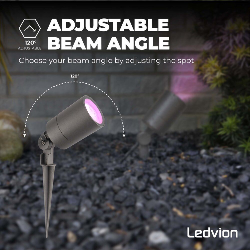 Ledvion 9x Smart LED Prikspot - IP65 - 4,9W - RGB+CCT - 2 Meter Kabel met Stekker - Antraciet