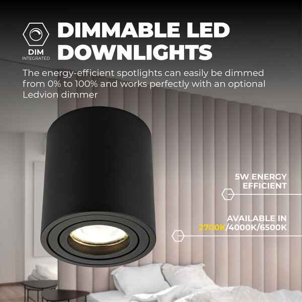 Ledvion Dimbare LED Opbouwspot  - Rond - Zwart - 5W - 2700K - Kantelbaar