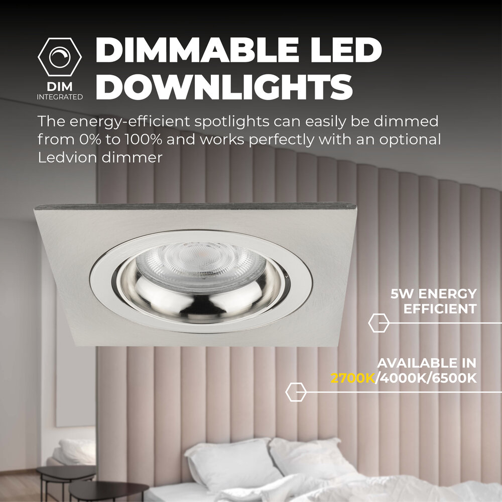 Ledvion Dimbare LED inbouwspot RVS - Sevilla - 5W - 2700K - 92mm - Vierkant - 6 pack