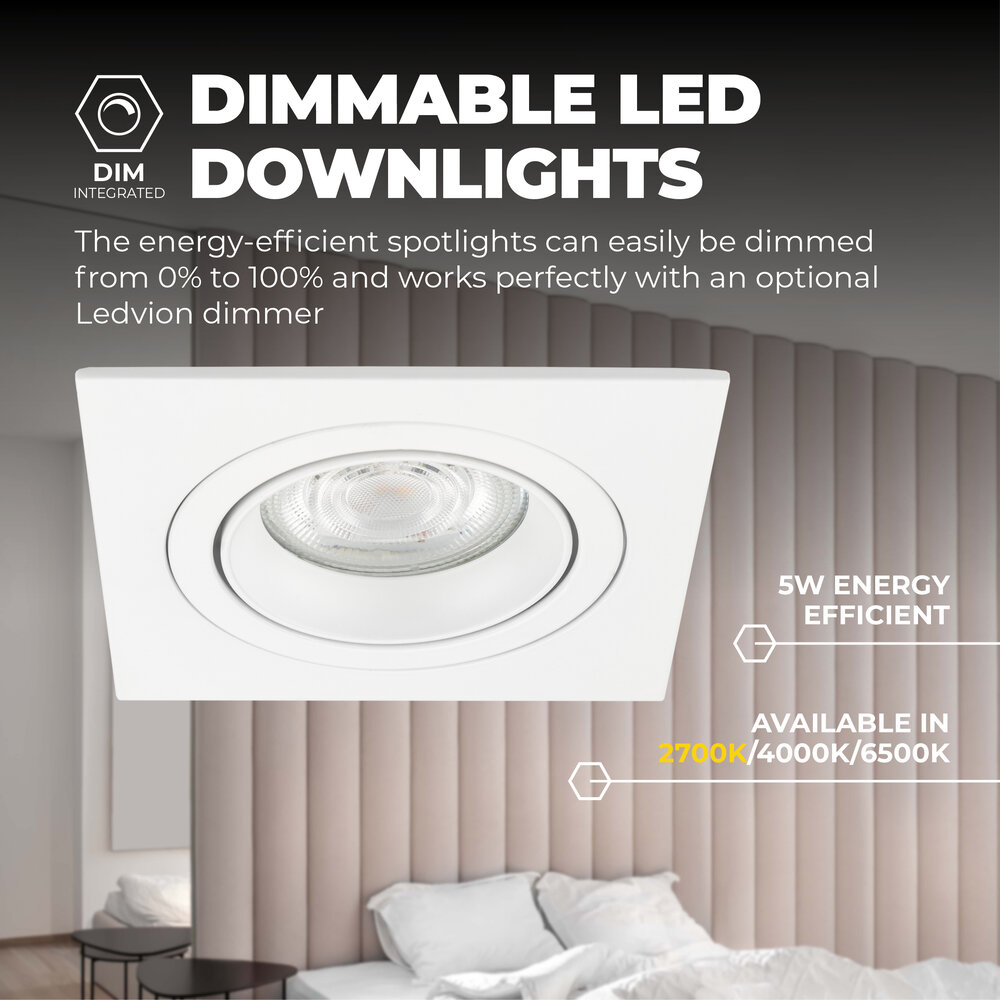 Ledvion Dimbare LED inbouwspot Wit - Sevilla - 5W - 2700K - 92mm - Vierkant - 3 pack