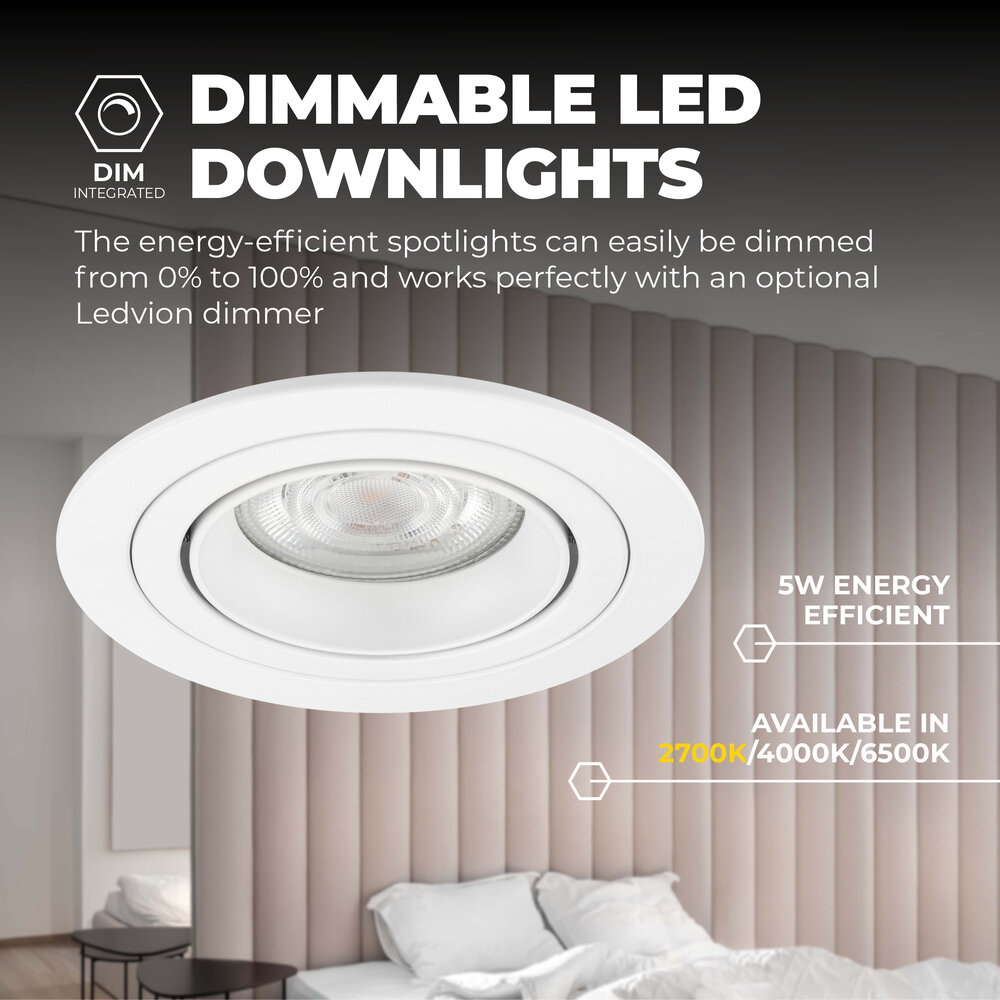 Ledvion Dimbare LED inbouwspots Wit - Tokyo - 5W - 2700K - ø92mm - 3 pack