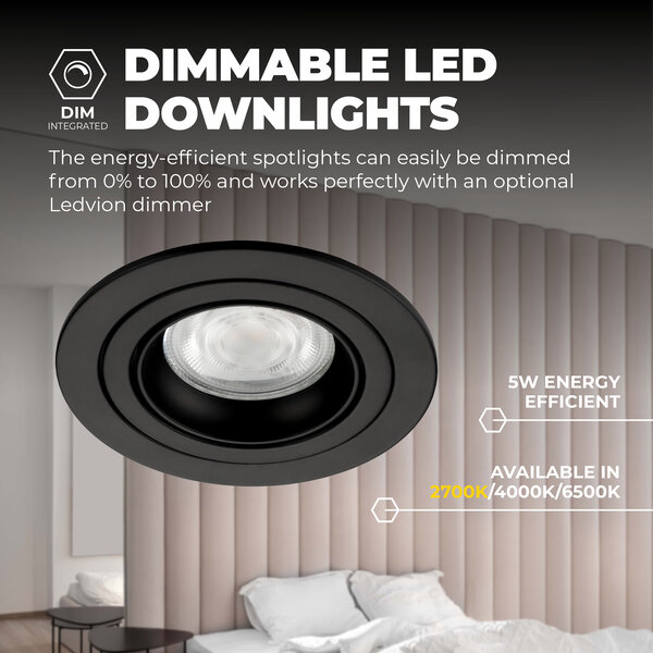 Ledvion Dimbare LED inbouwspots Zwart - Tokyo - 5W - 2700K - ø92mm - 3 pack