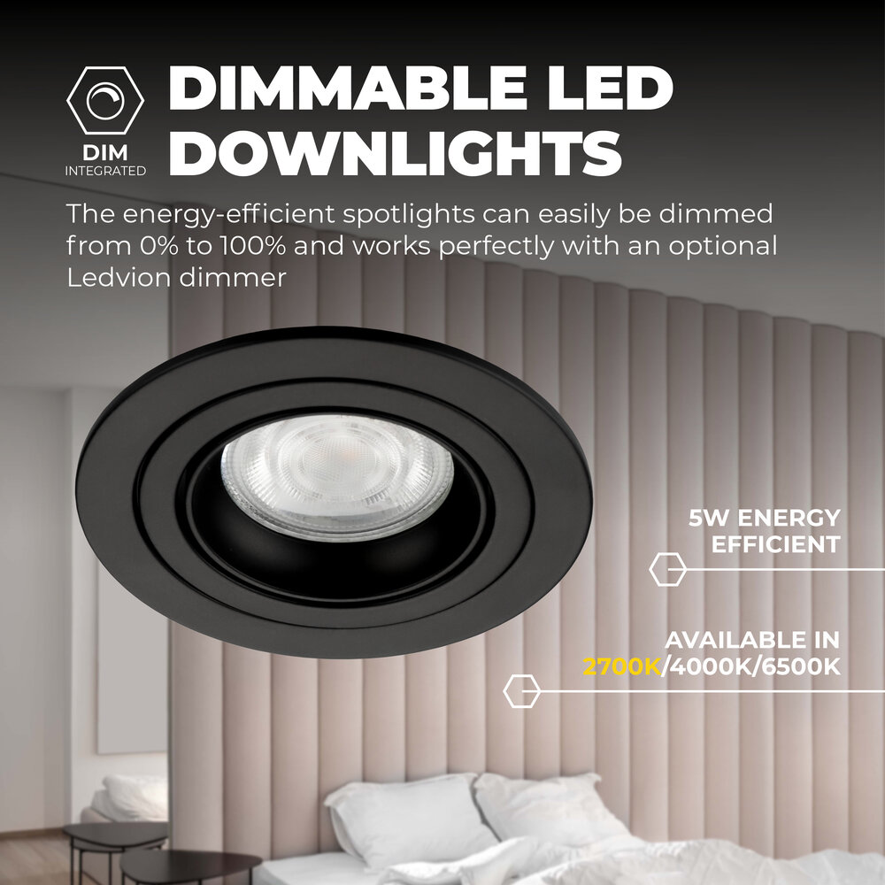 Ledvion Dimbare LED inbouwspot Zwart - Tokyo - 5W - 2700K - ø92mm