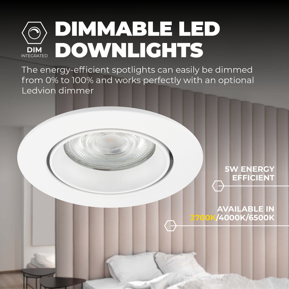 Ledvion Dimbare LED inbouwspots Wit - Rio - 5W - 2700K - ø85mm - 3 pack