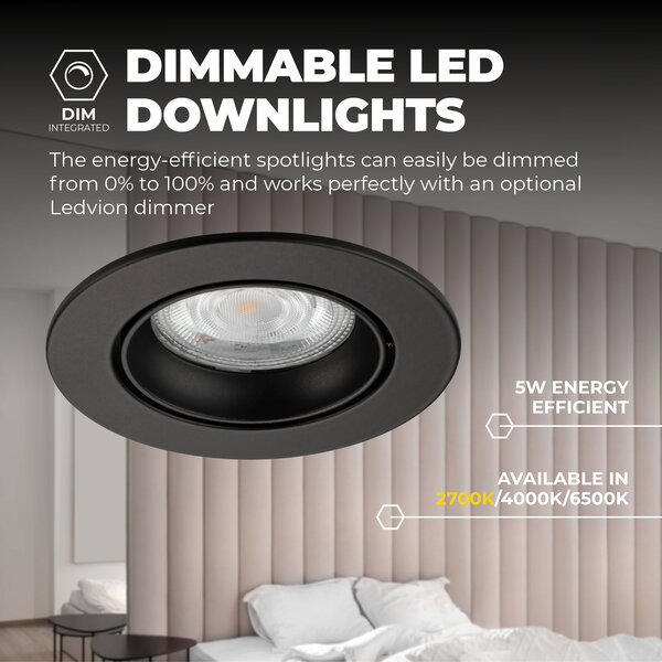 Ledvion Dimbare LED inbouwspots Zwart - Rio - 5W - 2700K - ø85mm - 6 pack