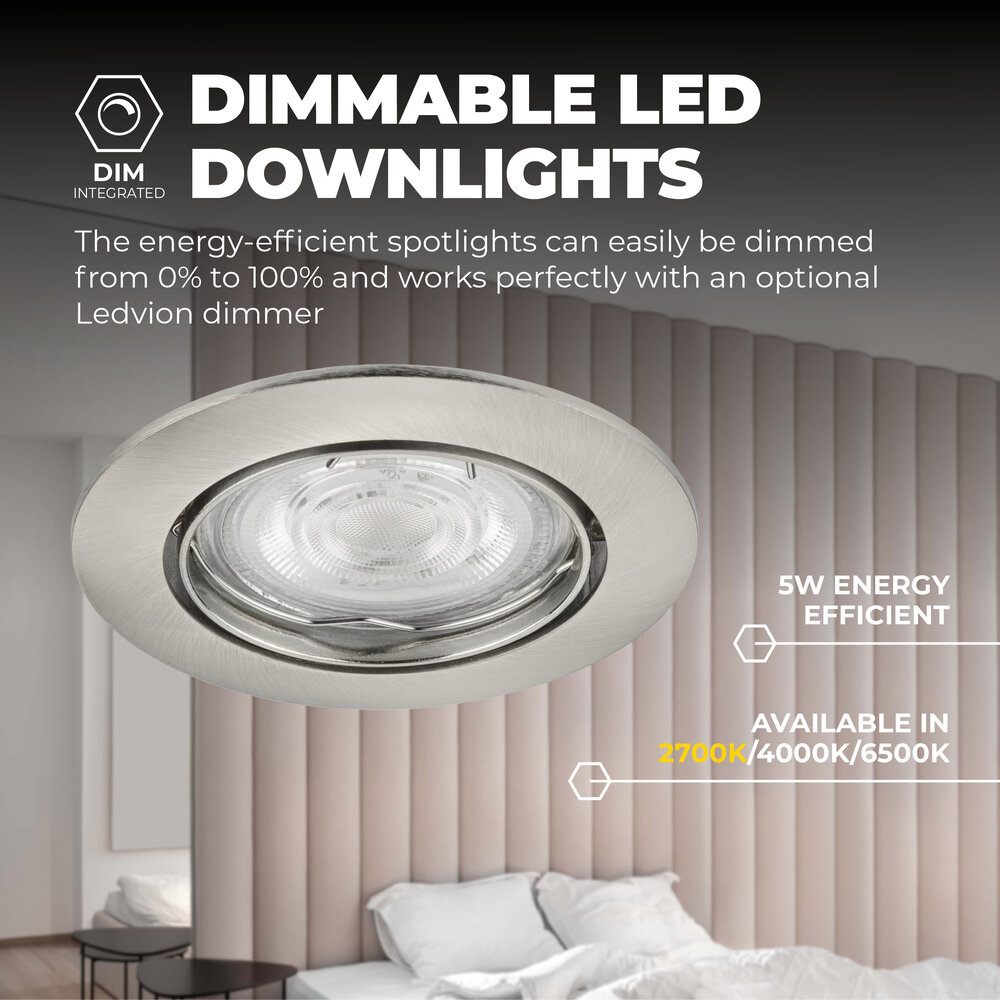 Ledvion Dimbare LED inbouwspots RVS - Amsterdam - 5W - 2700K - ø82mm - 6 pack