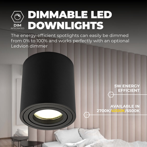 Ledvion Dimbare LED Opbouwspot  - Rond - Zwart - 5W - 4000K - Kantelbaar