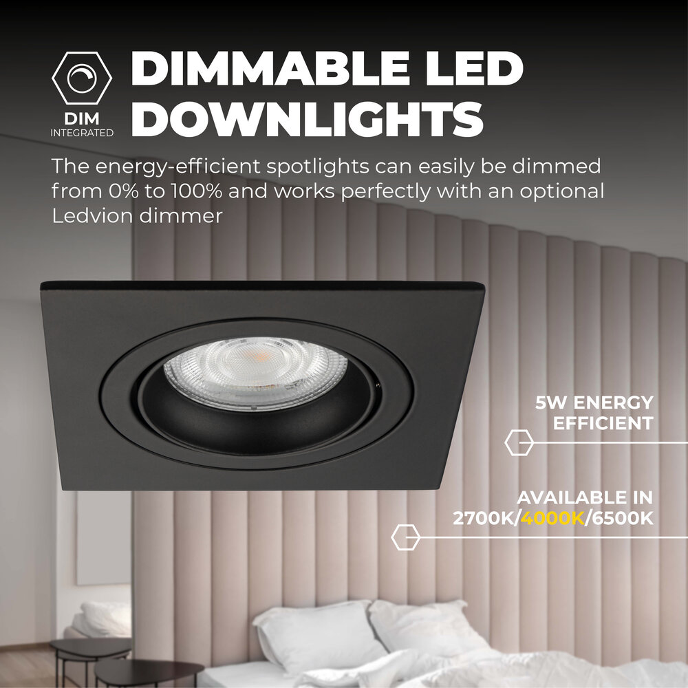 Ledvion Dimbare LED inbouwspot Zwart - Sevilla - 5W - 4000K - 92mm - Vierkant