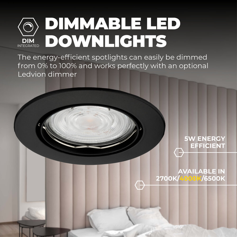 Ledvion Dimbare LED inbouwspot Zwart - Amsterdam - 5W - 4000K - ø82mm - 6 pack