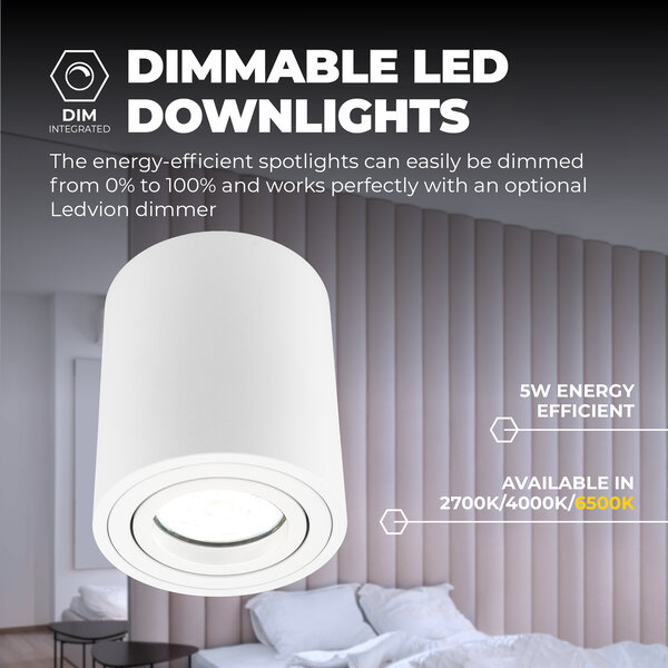 Ledvion Dimbare LED Opbouwspot  - Rond - Wit - 5W - 6500K - Kantelbaar