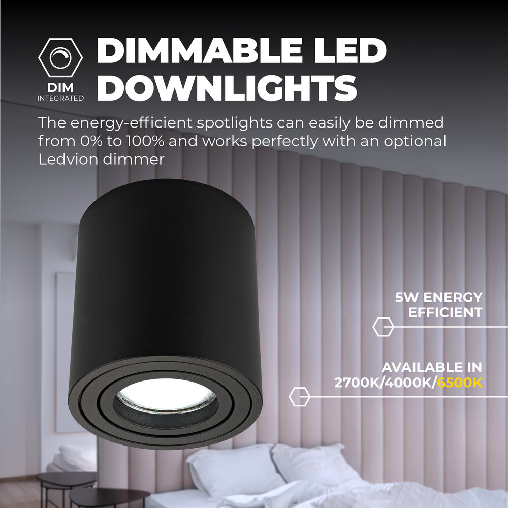 Ledvion Dimbare LED Opbouwspot  - Rond - Zwart - 3W - 6500K - Kantelbaar