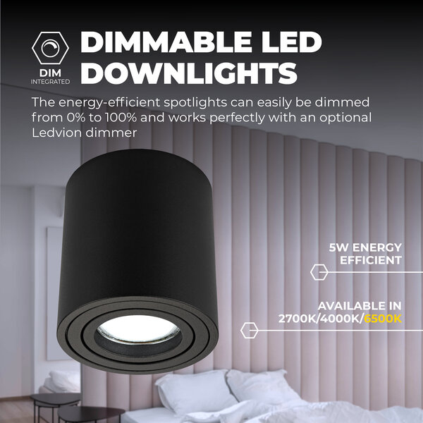 Ledvion Dimbare LED Opbouwspot  - Rond - Zwart - 3W - 6500K - Kantelbaar