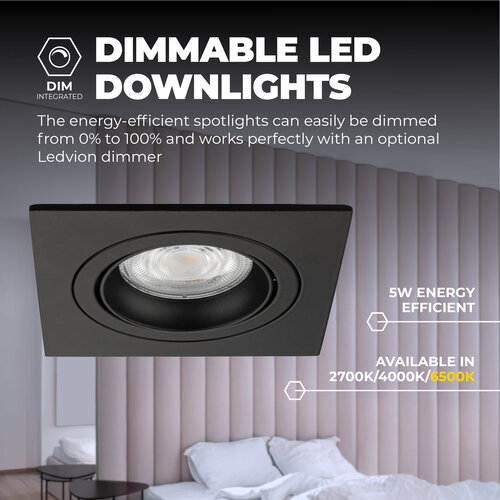 Ledvion Dimbare LED inbouwspot Zwart - Sevilla - 5W - 6500K - 92mm - Vierkant