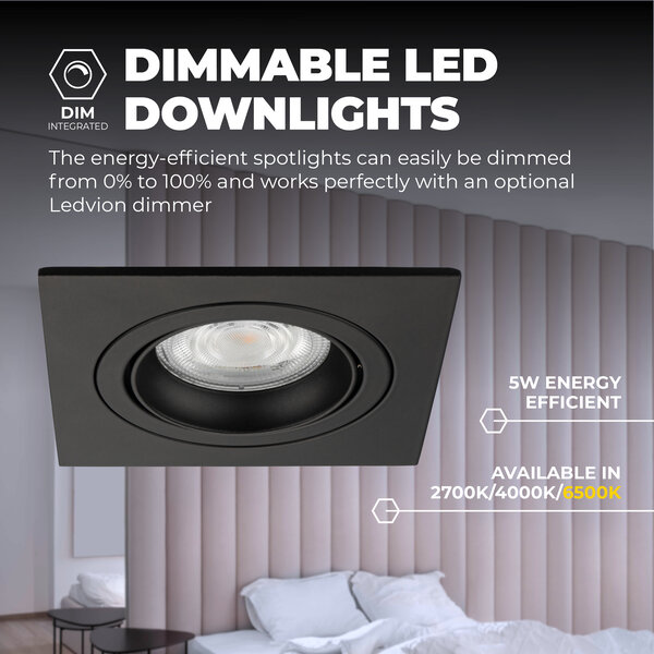 Ledvion Dimbare LED inbouwspot Zwart - Sevilla - 3W - 6500K - 92mm - Vierkant