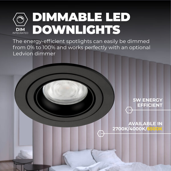 Ledvion Dimbare LED inbouwspot Zwart - Tokyo - 3W - 6500K - ø92mm - 3 pack