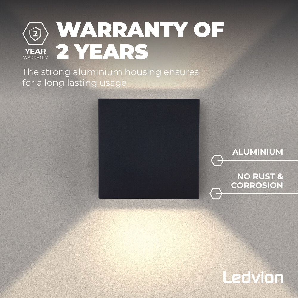 Ledvion LED Wandlamp - IP54 - 6W - 3000K - Up & Down - Zwart - Geschikt voor Binnen & Buiten