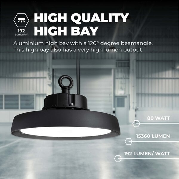 Ledvion LED High Bay 80W – Energieklasse A - 120° - 192lm/W - 6000K - IP65 - Dimbaar - 5 Jaar Garantie
