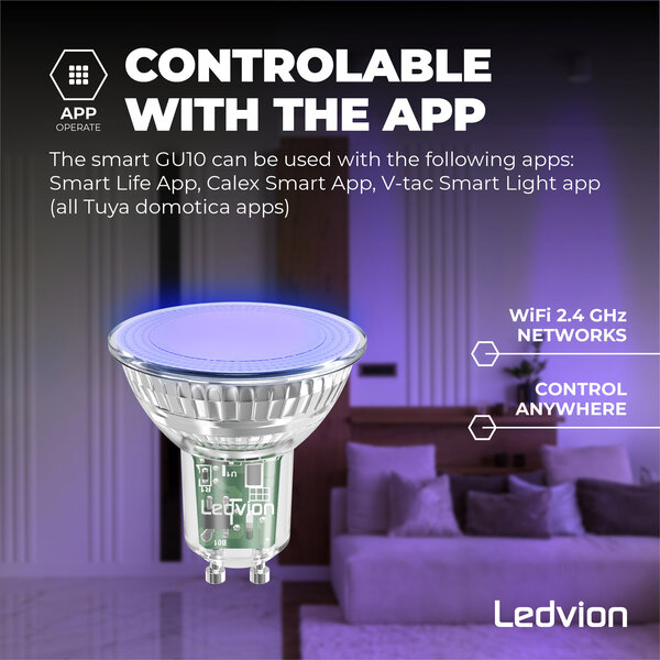 Ledvion Smart RGB+CCT GU10 LED Spot Dimbaar - Wifi - 4,9W