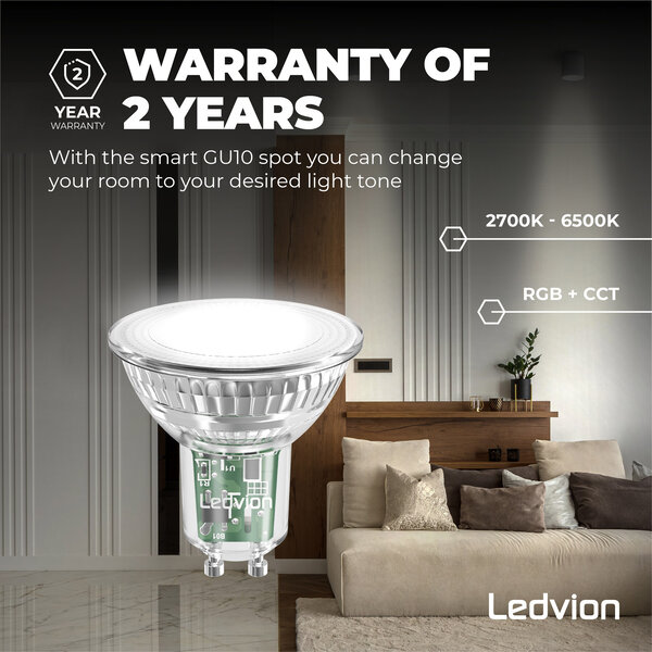 Ledvion Smart RGB+CCT GU10 LED Spot Dimbaar - Wifi - 4,9W