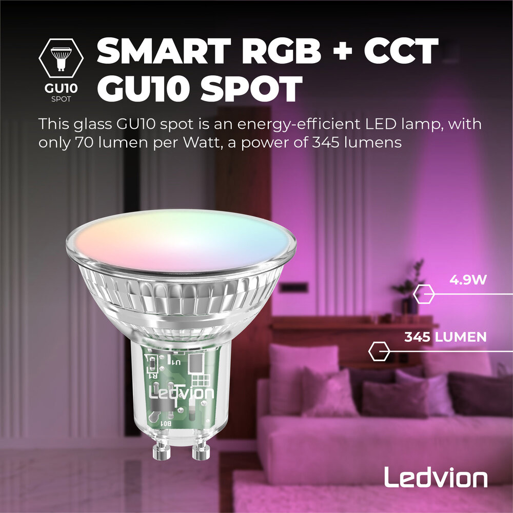 Ledvion Smart RGB+CCT GU10 LED Spot Dimbaar - Wifi - 4,9W