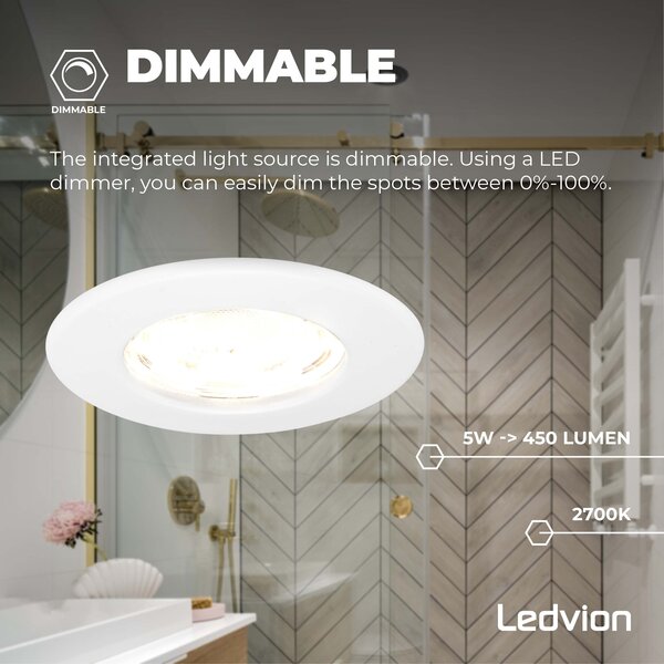 Ledvion Dimbare LED Inbouwspot Wit - IP65 - 5W - 2700K - 5 Jaar Garantie - Geschikt voor de Badkamer