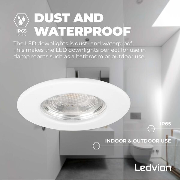 Ledvion Dimbare LED Inbouwspot Wit - IP65 - 5W - 2700K - 5 Jaar Garantie - Geschikt voor de Badkamer