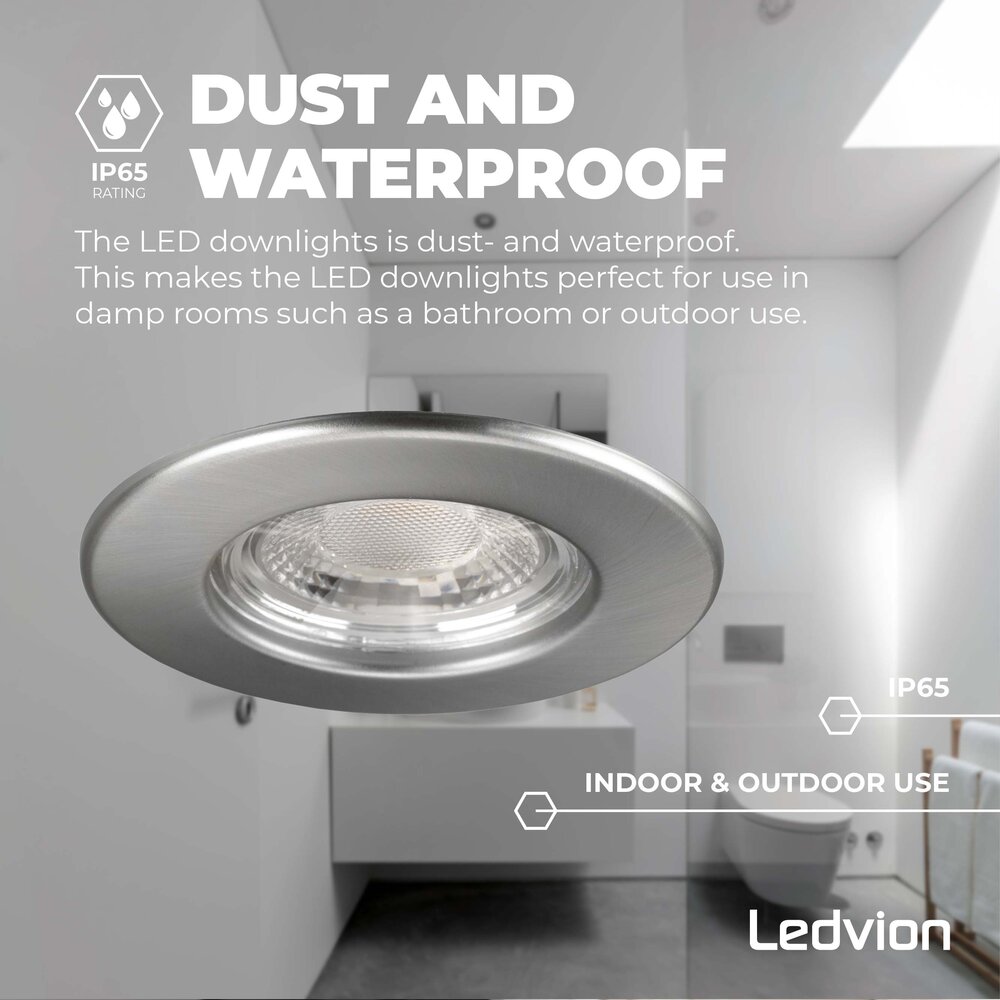 Ledvion Dimbare LED Inbouwspot RVS - IP65 - 5W - 2700K - 5 Jaar Garantie - Geschikt voor de Badkamer