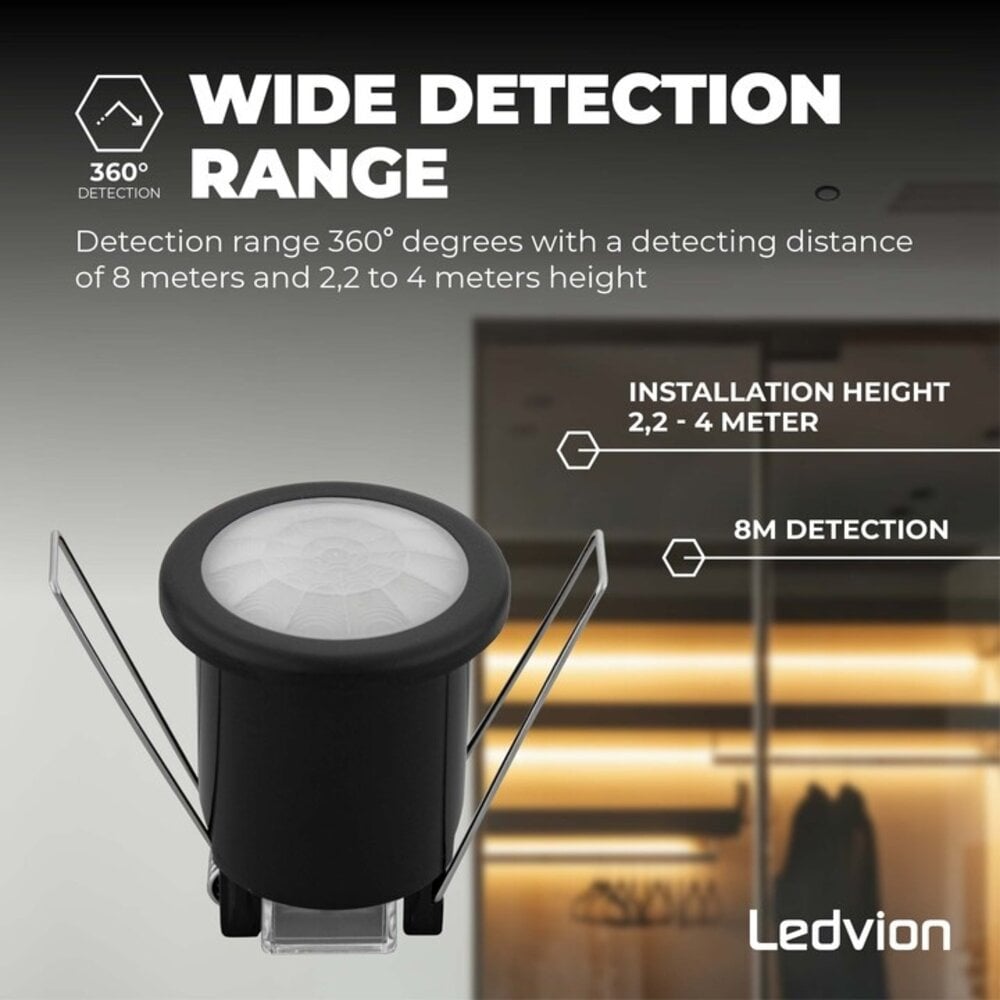 Ledvion Zwarte Inbouw Bewegingssensor 360° Met Schemerschakelaar 8M Bereik