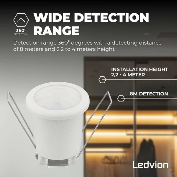 Ledvion Witte Inbouw Bewegingssensor 360° Met Schemerschakelaar 8M Bereik