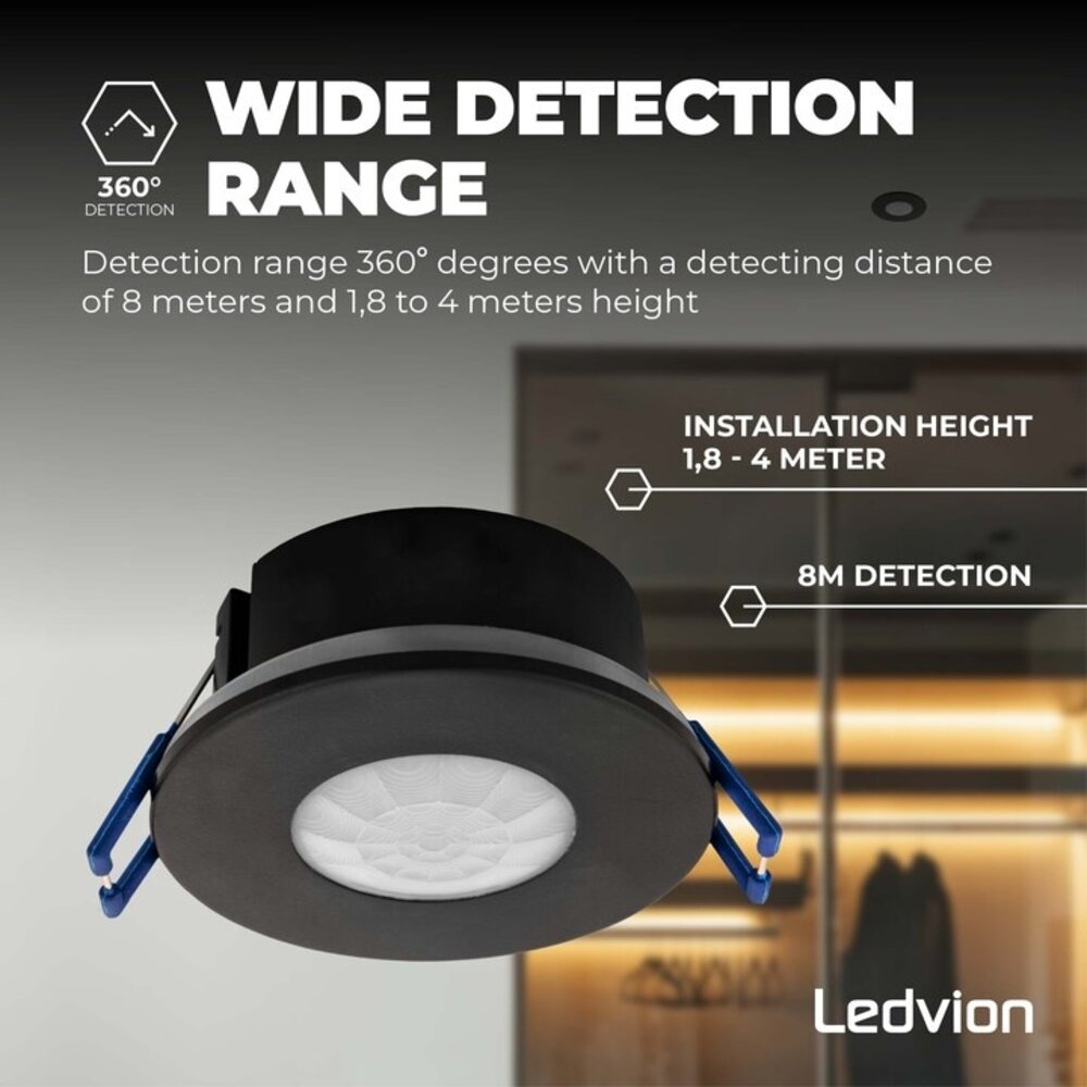 Ledvion Zwarte Inbouw Bewegingssensor 360° Met Schemerschakelaar 8M Bereik Max. 600W IP65