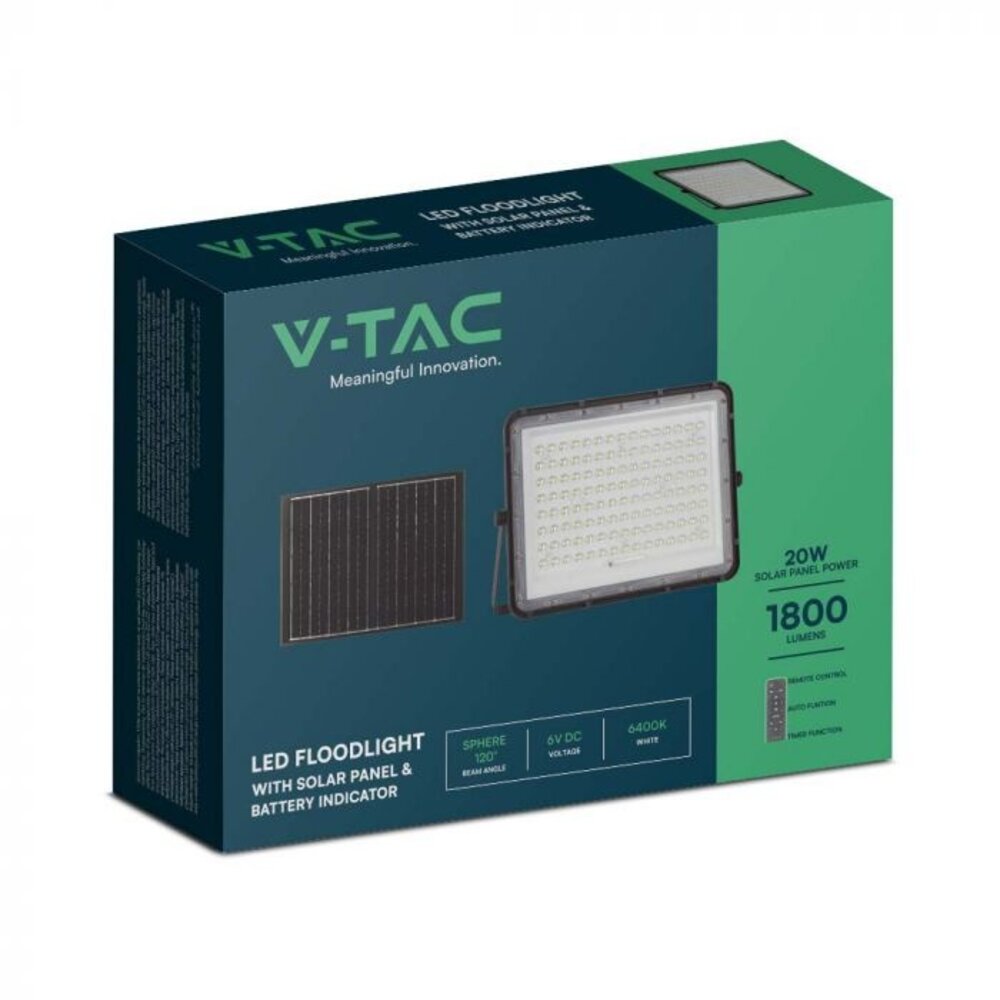 V-TAC Solar LED Schijnwerper - 1800 lumen - 6400K - IP65 - 16000mah