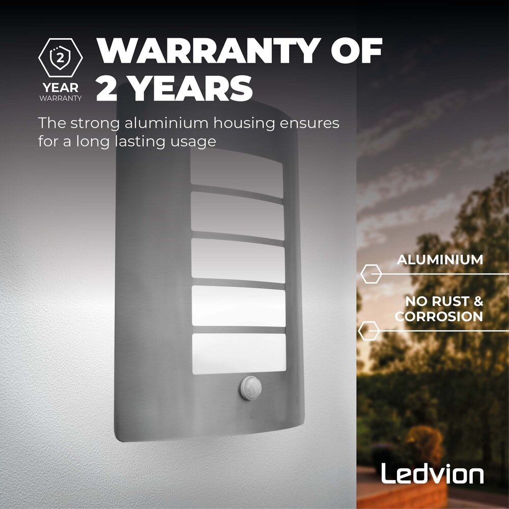 Ledvion LED Wandlamp met Sensor - IP44 - E27 Fitting - RVS - Geschikt voor Binnen & Buiten