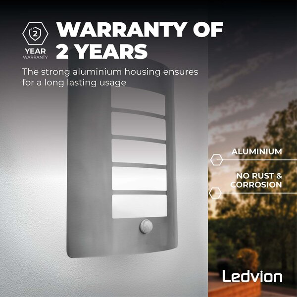 Ledvion LED Wandlamp met Sensor - IP44 - E27 Fitting - RVS - Geschikt voor Binnen & Buiten