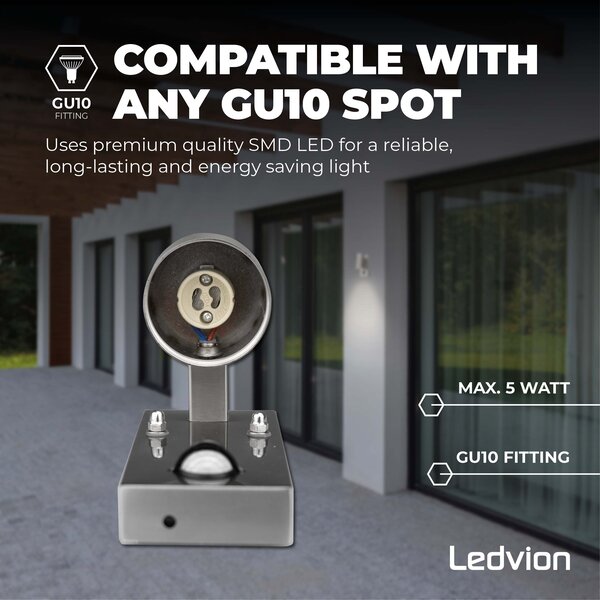Ledvion LED Wandlamp met Sensor - IP44 - GU10 Fitting - RVS - Geschikt voor Binnen & Buiten