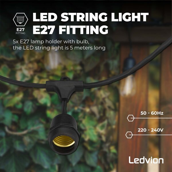 Ledvion 5m LED Prikkabel - IP65 Lichtsnoer Buiten - Koppelbaar - E27 Fittingen