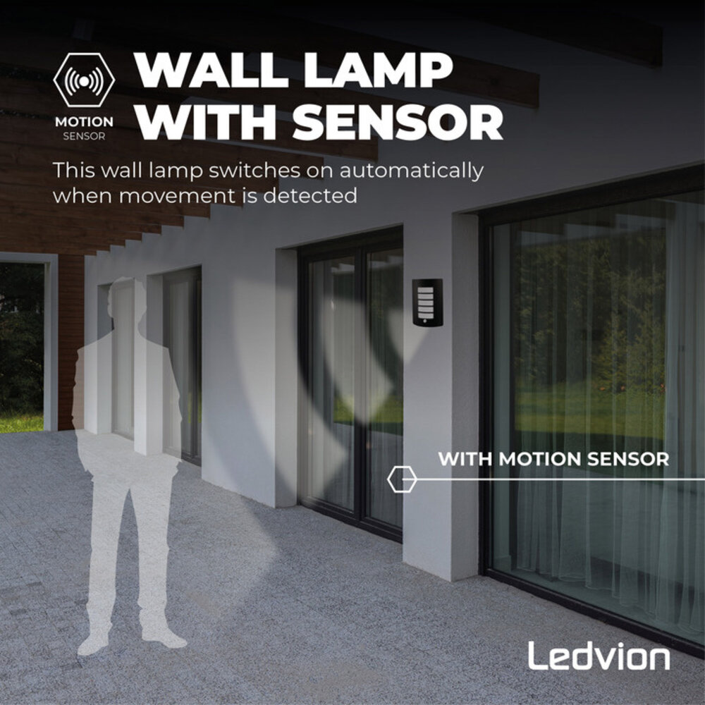Ledvion LED Wandlamp met Sensor - IP44 - E27 Fitting - Zwart - Geschikt voor Binnen & Buiten