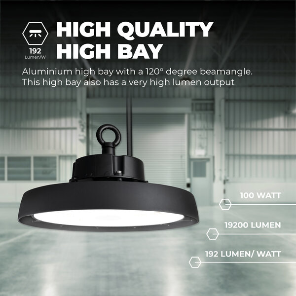 Ledvion LED High Bay 100W – Energieklasse A - 120° - 192lm/W - 4000K - IP65 - Dimbaar - 5 Jaar Garantie