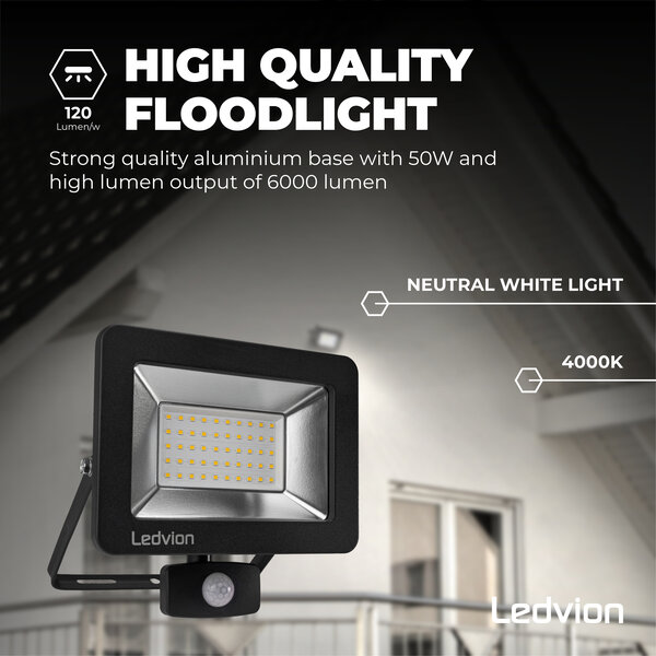 Ledvion LED Breedstraler met Sensor 50W - Osram LED Chips - 4000K - Quick Connector - 5 Jaar garantie