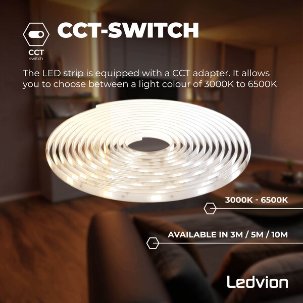 Ledvion Dimbare LED Strip – 3 Meter - 3000K-6500K – 24V - 9W - Plug & Play