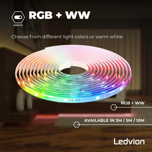 Ledvion Dimbare LED Strip – 5 Meter - RGB + 3000K – 24V - 13W - Plug & Play