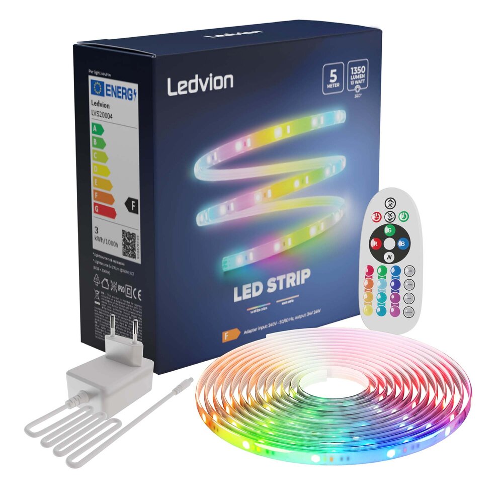 Ledvion Dimbare LED Strip – 5 Meter - RGB + 3000K – 24V - 13W - Plug & Play
